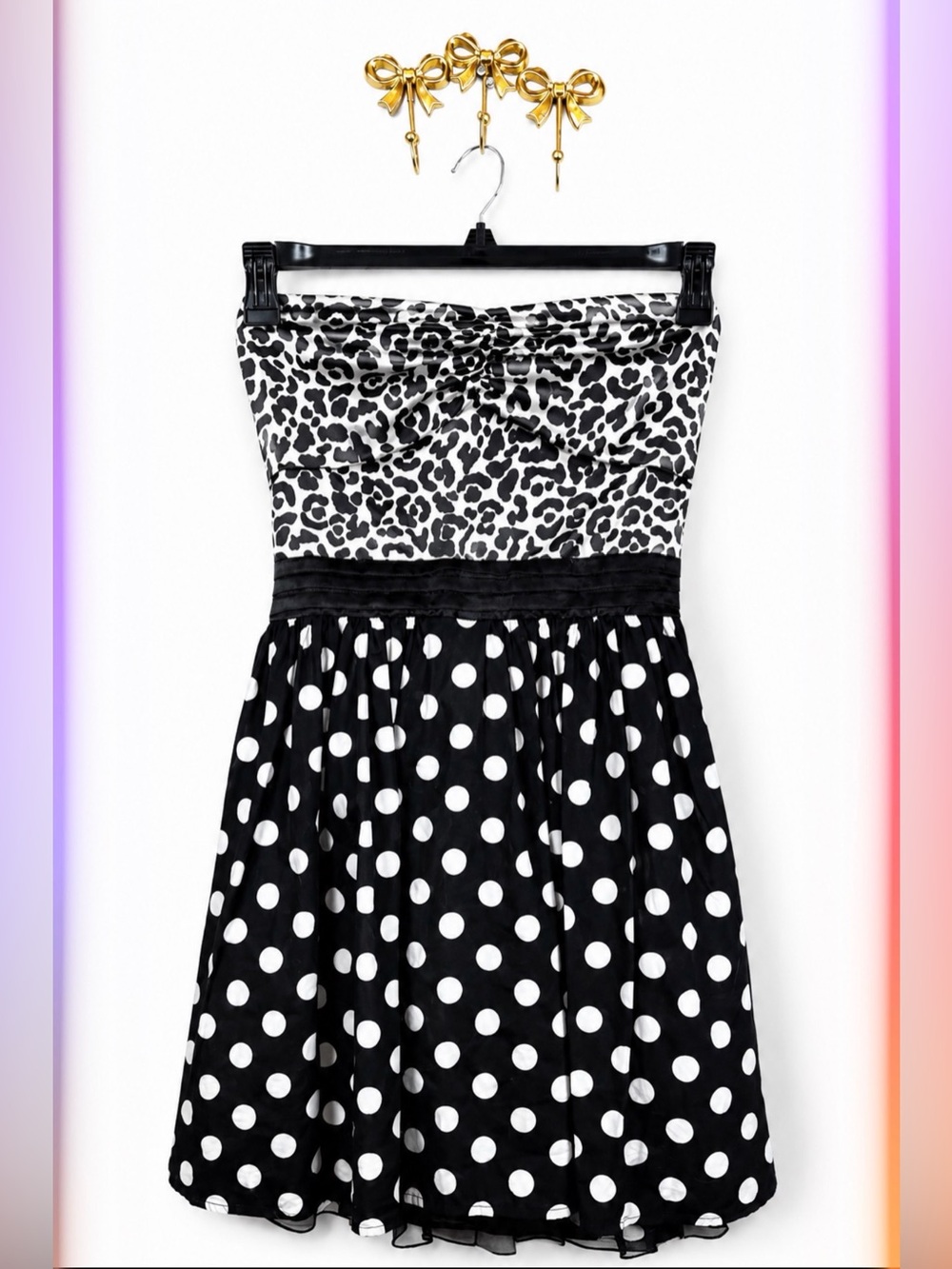 Sweet Love Y2K Strapless Black/White Mixed Fabric Pattern w/Bow on Back. Size L